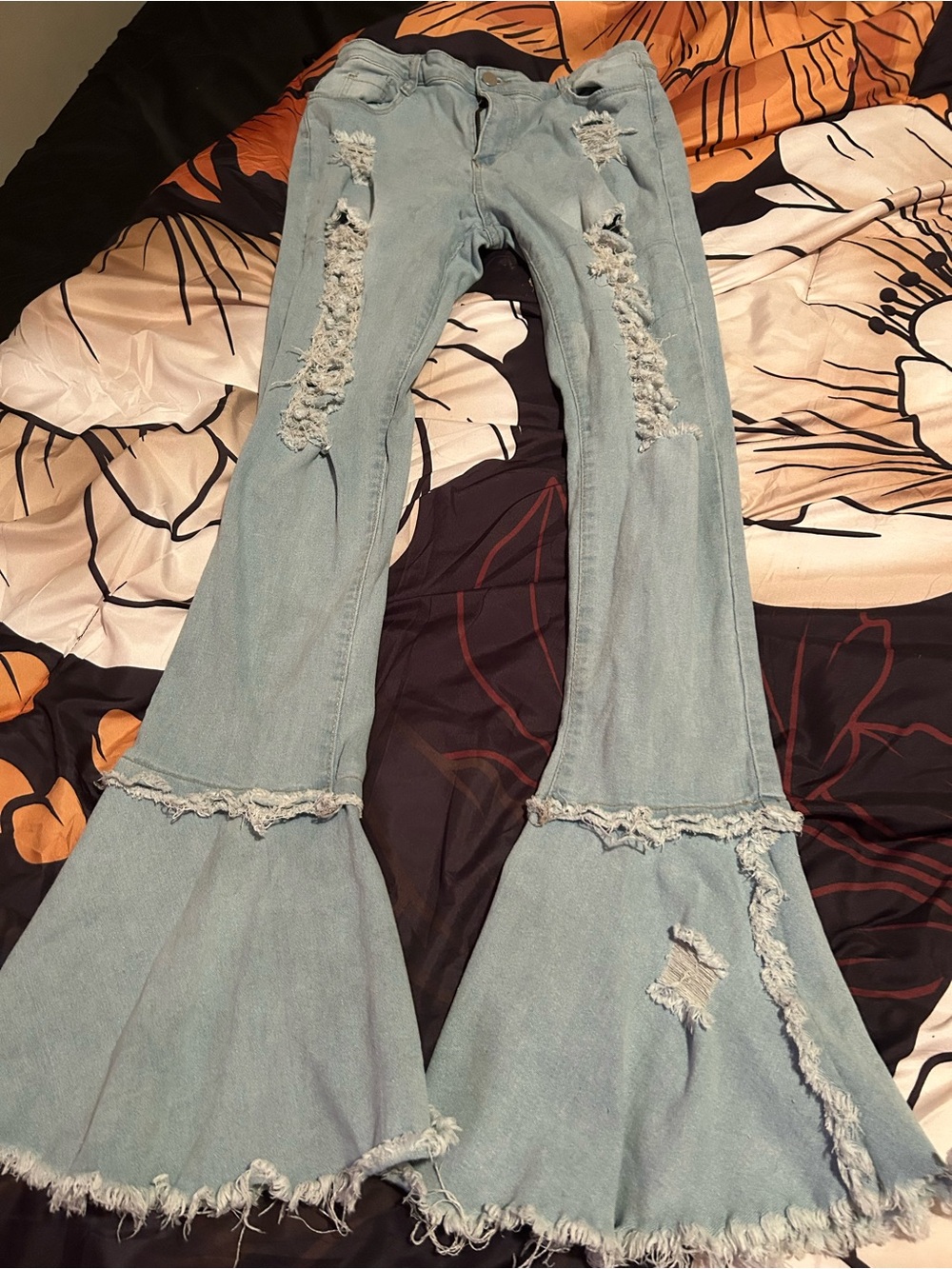 Amazon Light Blue Distressed Flare Jeans - Wide Leg
